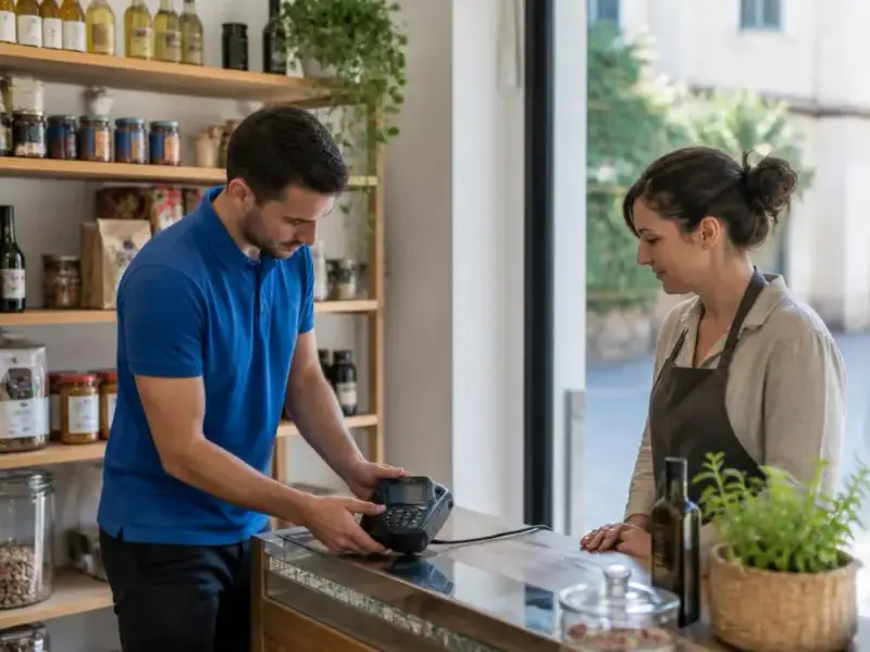 Technicien ECR Digiteck installant un terminal de paiement dans un commerce de Béziers en Occitanie