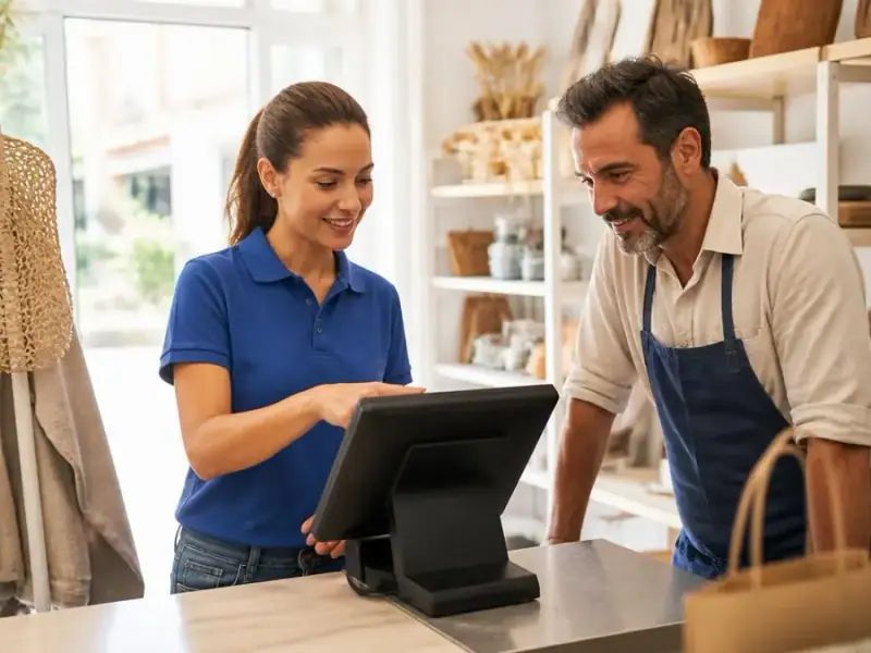 Conseiller ECR Digiteck accompagnant un commerçant devant une caisse enregistreuse tactile en région PACA