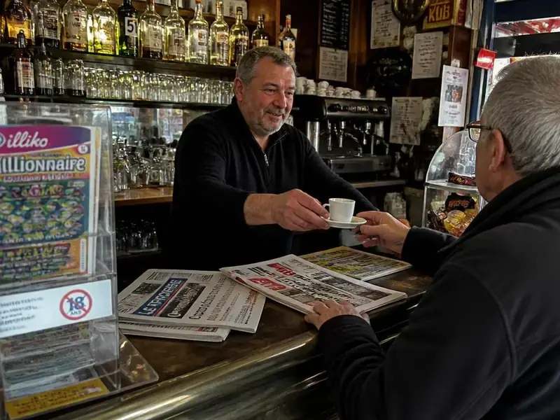 Barman qui sert des cafés au comptoir tandis qu'un client règle sans contact