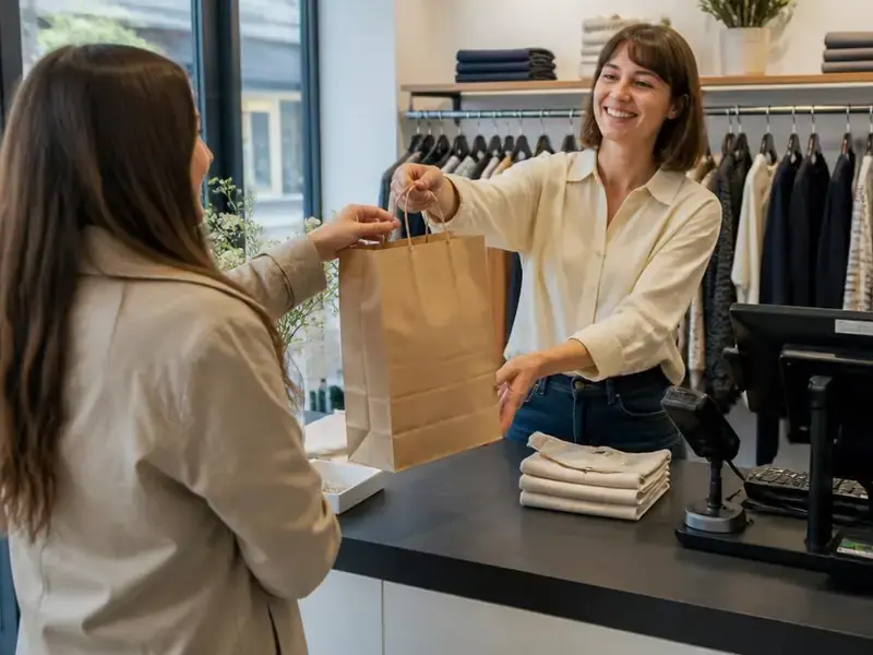 Vendeuse en boutique qui encaisse une cliente près de la vitrine de son commerce de détail
