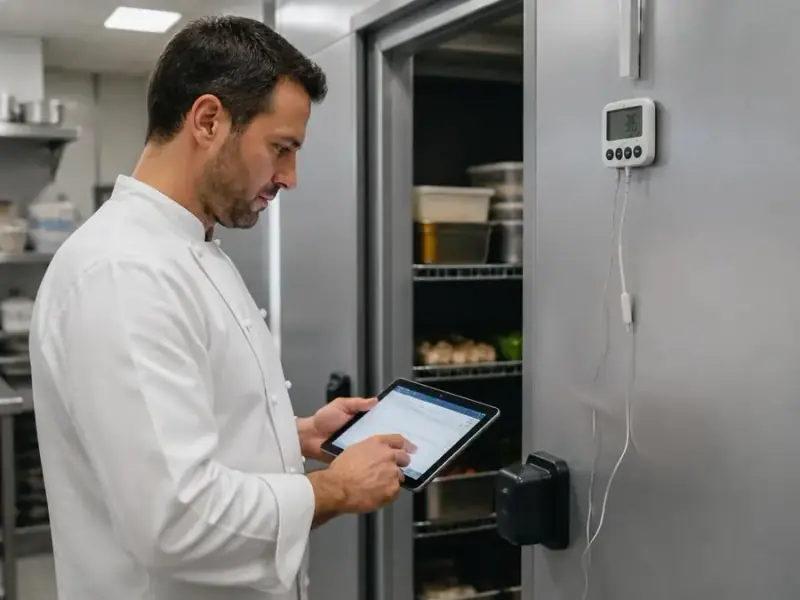 Cuisinier qui consulte ses relevés de température sur une tablette devant une chambre froide en cuisine professionnelle